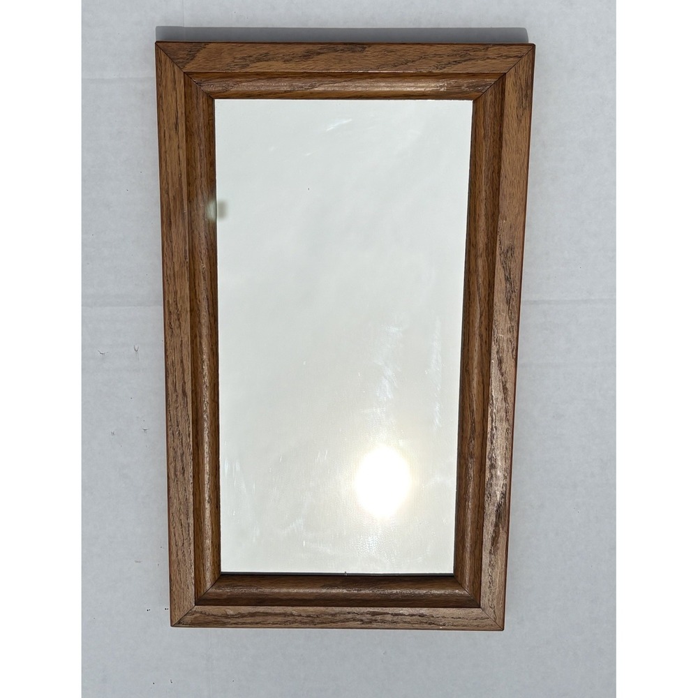 Vintage Accent Wood Framed Wall Mirror 14" X 9" Brown Oak Farmhouse Decor